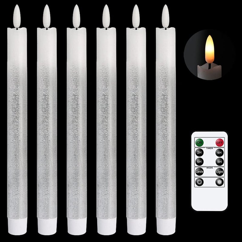 DRomance Silver Flameless Taper Candles Battery Operated with Remote Timer, Real Wax 3D Wick Flickering LED Taper Candles Dinner Wedding Holiday Decor(6 Pack, 0.78 x 9.64 Inches) - Image 1